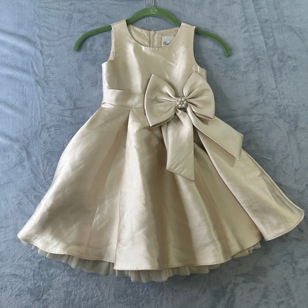Rare Editions Girls Champagne Gold Satin Bow Formal Party Dress Size 5 E750525